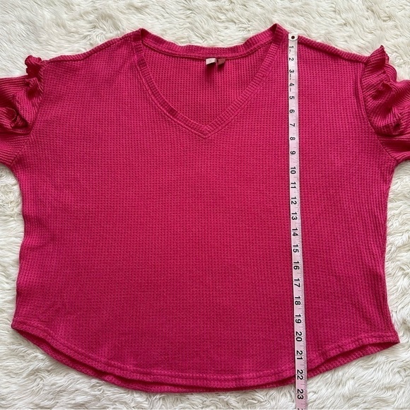 Anthropologie Pilcro Top Ruffled V-Neck Shirt Waffle Knit Raspberry Pink L - Picture 11 of 12